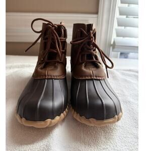 DKUSUKO Lace-up Duck Boots Brown Leather Rubber Waterproof Size 7